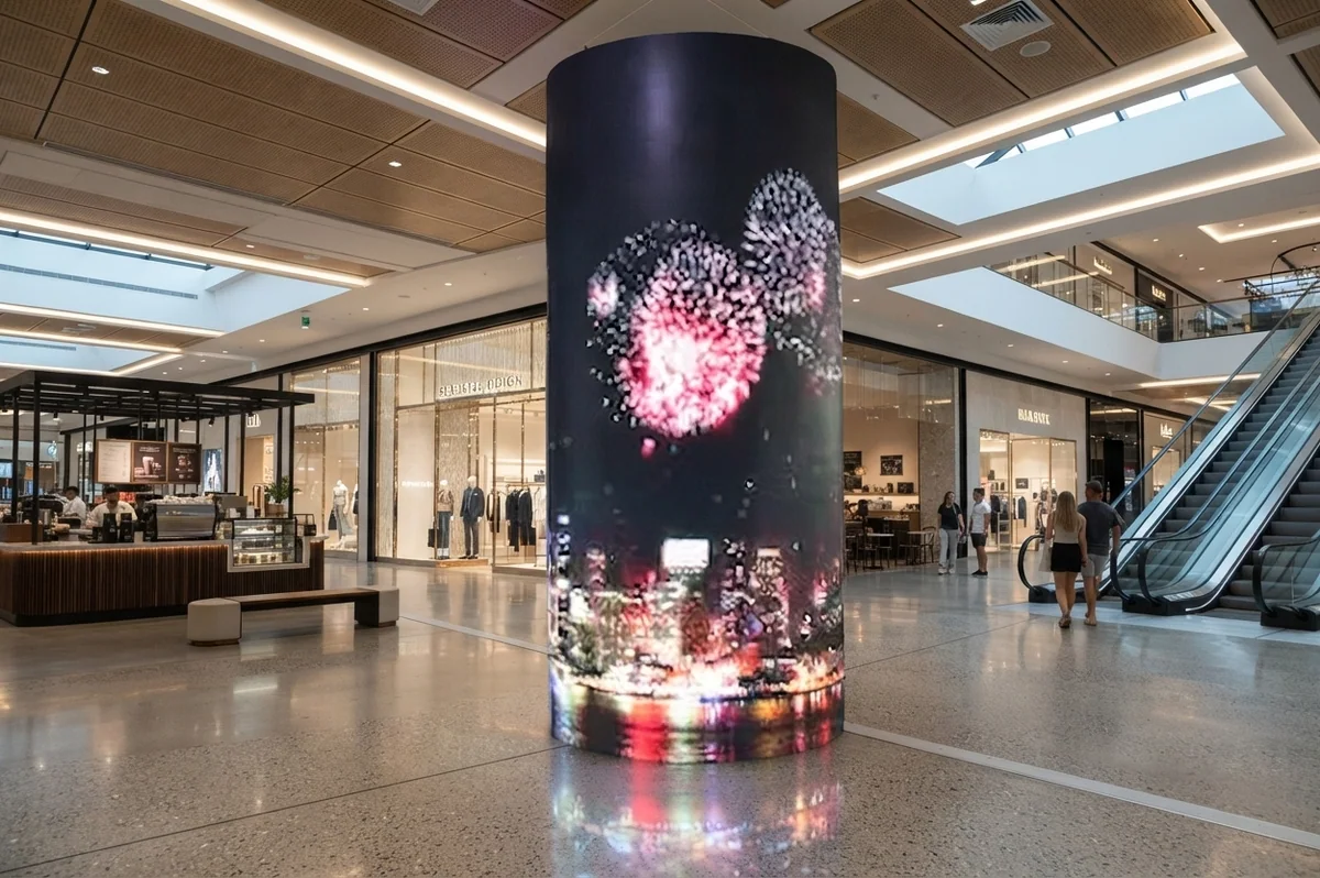 شاشة LED أسطوانية تعرض ألعابًا نارية