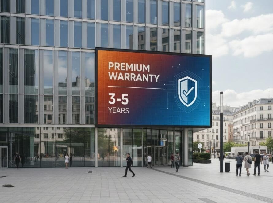 LED display screen showing 3 to 5 years premium warranty by b2b-alive for digital signage solutions