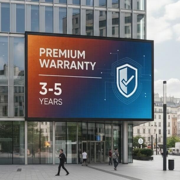 LED display screen showing 3 to 5 years premium warranty by b2b-alive for digital signage solutions